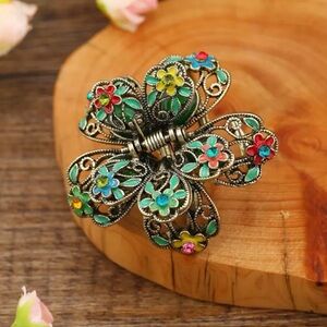 Vintage Floral Filigree Butterfly Hair Clip - Multicolor Enamel